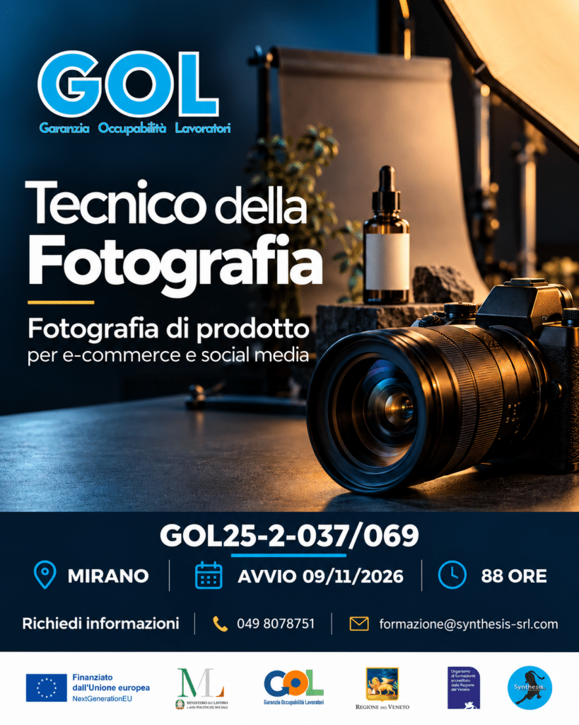 Tecnico della Fotografia, con focus sulla fotografia di prodotto per e-commerce e social media (GOL 2 – Upskilling RRSP) – codice OPAL: GOL25-2-037/069